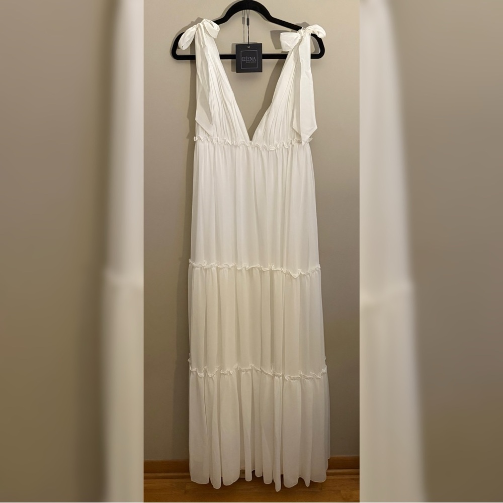 Tie-Shoulder White Gown - Linen-Look Tiered Design